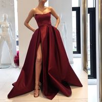 Wholesale 2021 Burgundy Prom Dresses with Pockets Side Slit Strapless Satin Elegant Long Evening Party Gowns Wine Red Women Formal Dress