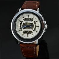 Wholesale Fashion Men Stainless Watches GOER Mens Leather Strap Skeleton Automatic Mechanical Dress Watch Wristwatches