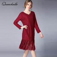 Wholesale Casual Dresses Queechalle Fashion Ruffles Elegant Party For Women V Neck Long Sleeve Loose Lace Dress Spring Plus Size Wine