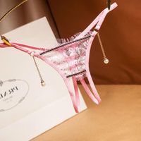 Wholesale Women Sexy Eyelash Lace Panties Pearl Pendant Erotic Printed Fabric Briefs Transparent G String Open Crotch Pink Thong Underwear Women s