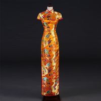 Wholesale Ethnic Clothing Improved Chinese Traditional Cheongsam Evening Dress Female Long Costumes Dragon Gown Catwalk Wedding Brocade Silk Qipa
