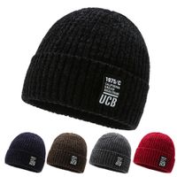 Wholesale beanies Men s winter knitted hat with plush and thickened warm cold proof pasted letter Korean fashion versatile women s woolen