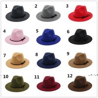 Wholesale newVintage Hats For Women Elegant Solid felt Fedora Hat Band Wide Flat Brim Jazz Hats Stylish Trilby Panama Caps EWC6786