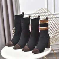 Wholesale 2022 Designer Women Sock Shoes Knitted Elastic Letter Thick Heels Sexy High Heel Silhouette Ankle Boots Black Stretch Boot Winter Shoe
