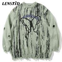 Wholesale LENSTID Men Hip Hop Knitted Jumper Sweaters Butterfly Ink Graffiti Streetwear Harajuku Autumn Oversized Hipster Casual Pullovers H0105