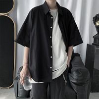 Wholesale Men s T Shirts Men Button Up T Shirt Summer Cargo Work Tshirt Short Sleeve Korean Style Harajuku Clothes Male Black White Loose Ca