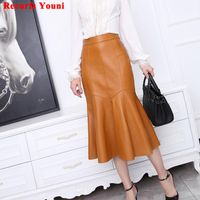 Wholesale Women Genuine Leather High Waist Fishtail Skirt Female Orange Black Patchwork Wrap Jupe Mujer Cm Long Pleated Faldas Skirts