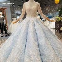 Wholesale Party Dresses LS217440 Light Blue Evening Deep V neck Three Quarter Tulle Sleeves Ball Gown Dress Floor Length Prom