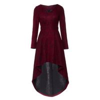 Wholesale Casual Dresses Women Lace Dress Elegant Party Fall Asymmetric High Low Vintage Red Long Sleeve Classy Female Evening Dinner Midi Autumn
