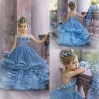 Wholesale Baby Blue Cute A Line Flower Girl Dresses For Wedding Spaghetti Lace Floral Appliques Tiered Skirts Girls Pageant Dress Kids Birthday Gowns Custom Made