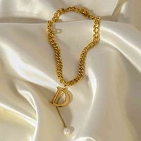 Wholesale Polished necklace titanium steel female letter D tassel pearl pendant temperament fashion neck chain head jewelry