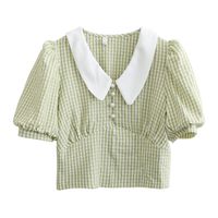 Wholesale PERHAPS U Women Top Summer Short Sleeve Turn Down Collar Yellow Green Blue Plaid Button B0650
