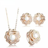 Wholesale Earrings Necklace BLUCOME Luxury Zircon Necklace Earrings Ring Set Multilayer Rose Flower Pendientes Copper Brincos Pearl Anel Bridal