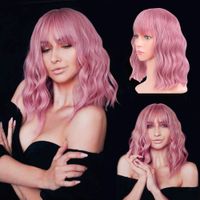 Wholesale Pink Wig With Air Bangs For Black White Women Natural Wave Loose Wavy Heat Resistant Synthetic Short Bob Wigs Shoulder Length Full Even End Daily Wear Cosplay Costume