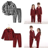 Wholesale Kids Toddler Buffalo Plaid Check Pajamas Set Retro Black White Red Pyjama Boys Girls Long Sleeve Grid Shirt lapel Top and Pants Sleepwear Piece Clothing Set GG8910