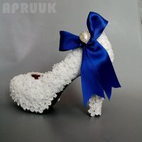 Wholesale Dress Shoes White Lace Pearl Wedding Party Pumps With Royal Blue Satin Riband Butterfly knot Bridal Bridesmaid Dancing Plus Size
