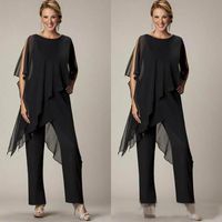Wholesale Newest Mother of the Bride Pant Sutis Black Chiffon Bateau Neck Asymmetrical Wrap Style Modest Mother s Suit for Weddings Custom Made
