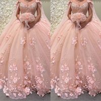 Wholesale 2022 Romantic Pink d Floral Flowers Ball Gown Quinceanera Prom Dresses with Cape Wrap Caftan Sexy Crystal Beaded Lace Long Sweet Dress Vestidos Anos Plus Size