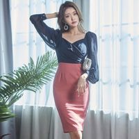Wholesale Casual Dresses Tight One Piece Korean Ladies Long Sleeve Patchwork Office Sexy Club Party Bodycon Dress For Women China Clothing
