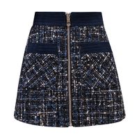 Wholesale Women Tweed Skirts A Line Solid Mini Short Autumn Winter Chic Elegant Zipper Black Navy Blue Pocket S0252