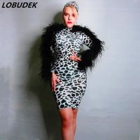 Wholesale Casual Dresses Big Stretch Black Feathers Sleeve Leopard Skinny Dress Sexy Women Short Bar Party Nightclub Prom Singer Concert DS Costume