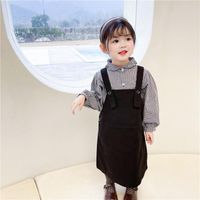 Wholesale Spring Korean Girl Sweet Black Lattice Baby Shirt Strap Dress Two piece Suit Toddler Outwear Kids Girls Plaid Sets Clothing