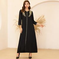 Wholesale Womens Plus Size Dresses Casual Summer Dress Women s Fashion Arabian Style V neck Gold Embroidery Pair Flowers Loose Black Long Sleeve Party Maxi