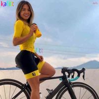 Wholesale Cycling Jersey Sets Yellow Women s Fashion Cycling Suit Sexy Short Sleeved Skinsuit Sets Breathable Bicycle Jumpsuit Kits Gel Pink Pad Swimsuit