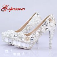 Wholesale Sparkling Crystal Bridal Wedding Shoes Pageant Evening Festival Party Prom High Heels White Pearl Women Banquet Dress