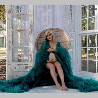 Wholesale Sexy Teal Tulle Maternity Robes Big Tiered Sleeve Sweep Train Wedding Night Robe Pregnancy Dress Prom Party Dresses Real Image Casual