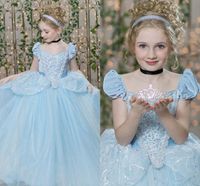 Wholesale Cinderella Pageant Dresses For Teens Short Cap Sleeve Pleats Sequins Lacing Sky Blue Kids Ball Gown Flower Girl Dress Tulle Girl Prom Dress