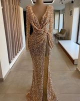 Wholesale Sparkly Sequined Prom Dresses Long Sleeve Sexy High Slit V Neck Mermaid Rose Gold Dubai Women Formal Evening Gowns