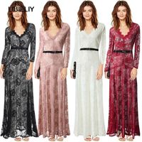 Wholesale Casual Dresses Pink Black White Red Floor Length Maxi Party Dress Nice Spring Elegant Lady Sexy V neck Long Sleeve Lace Mesh Pin Up Women