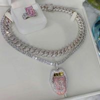 Wholesale 14K Copper Tongue Iced Out Bling A CZ Sexy Mouth Pendant Necklace Dollar Symbol Micro Pave Cubic Zirconia Jewelry