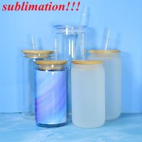 Wholesale sublimation oz glass can with bamboo lid reusable straw beer Can Transparent frosted Glass Tumbler Soda Can Cup