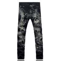 Wholesale Men s Jeans Men Pants Slim Fit Fashion Dragon Print Male Colored Drawing Painted Denim Elastic Black Cargo