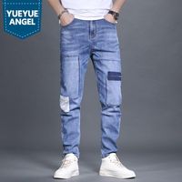 Wholesale Men s Jeans Summer Men Loose Biker Blue Spliced Straight Denim Trousers Casual Preppy Style Zipper Thin Pants Male Pockets