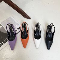 Wholesale Spring Summer Pointed Toe Sandals Thin Low Heels White Black Orange Purple Fashion Metal Chain Ankle Strap Dress Shoes