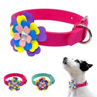 Wholesale Leather Floral Crystal Puppy Kitten Collars Flower Dog Collar Suede Adjustable For Small Medium Pet Pink Blue Leashes