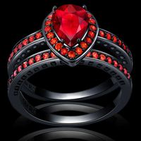 Wholesale Never Fade Double Heart Trendy Design Shape Red Cubic Zirconia Rings Sets Black Gold Filled Party Wedding Anel Women Gift