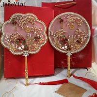 Wholesale Wedding Flowers JaneVini Luxury Chinese Bridal Bouquets Fan Type Both Side Flower Pearls Artificial Metal Round Jewelry Accessories