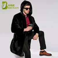 Wholesale Men s Jackets BHUNATI Classic Black Hooded Faux Fur Coat Winter Warm And Jacket Fashion Slim Outwear Coats