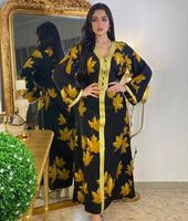 Wholesale Muslim Print Floral Abaya Arabic Dresses Hijab Fall Golden Ribbon African Dashiki V Neck Long Sleeve Maxi Dress Turkish Clothing Casual