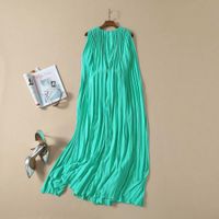 Wholesale dress Cape Poncho Spring Summer Party Events Women Belt Patchwork Sleeveless Pleated Long Maxi Dress Orange Red Green