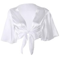 Wholesale Women s Blouses Shirts Women Ladies Satin Tie Knot Front Flared Short Sleeve Shirt Plunge Neck Crop Top F42F