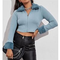 Wholesale Knit Zip Up Sweater Cardigan Women y2k Top Fitted Faux Fur Turn Down Collar Long Sleeve Jackets Black Blue Outfits Y211216