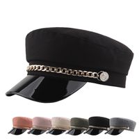 Wholesale Metal chain button PU black leather cap navy hats Fashion flat caps