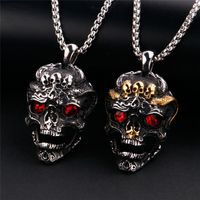 Wholesale high quality Punk skull head pendants hip hop red eye Stainless Steel necklace pendant Antique Kito Gabala skull Men s jewelry with ruby cz stone