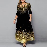 Wholesale Ethnic Clothing Plus Size Dress Women Elegant Christmas Floral Print Gold Evening Party Winter O Neck Hollow Casual Maxi Dresses XL