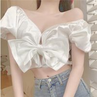 Wholesale Men s T Shirts Sexy Party Night Club Ladies Crop Tops Women Off Shoulder Sweet Cute Korean Clothing Puff Sleeve Bow Designer Shirts Summer